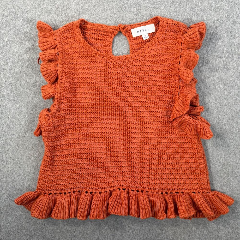 Mable Crochet Knit Ruffle Tank Women's Small Orange Keyhole Cropped Boho